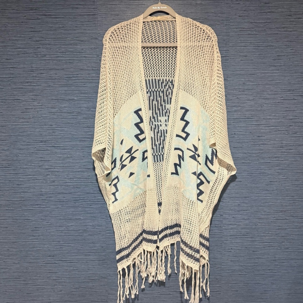 Areve‎ Crochet Aztec Kimono Cardigan One Size Tassels Cream Boho - Picture 2 of 9